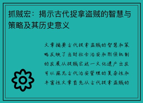 抓贼宏：揭示古代捉拿盗贼的智慧与策略及其历史意义